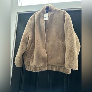 Zara Tan Puffer Teddy Jacket Cozy Winter Essential
